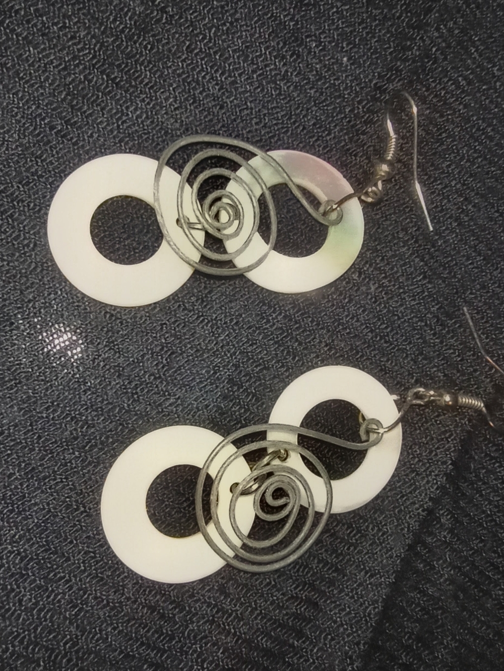 Mother Of  Pearl  Circle Dangle Earrings with Sterling Silver Wire Spiral Accent